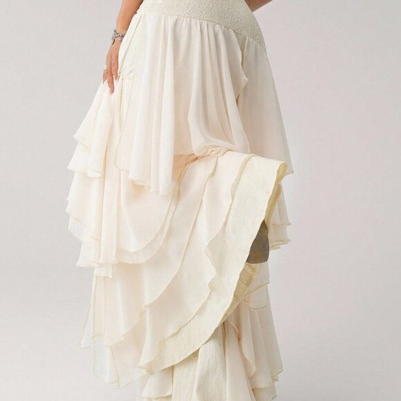 Beige Asymmetrical Party Women's Chiffon Ruffle Patchwork Loose Hem Pants - Picture 3 of 6